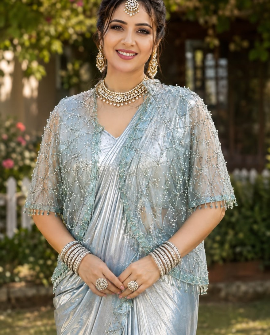 BLUE - Aqua Blue Fancy Fabric Embroidered Work Contemporary Saree